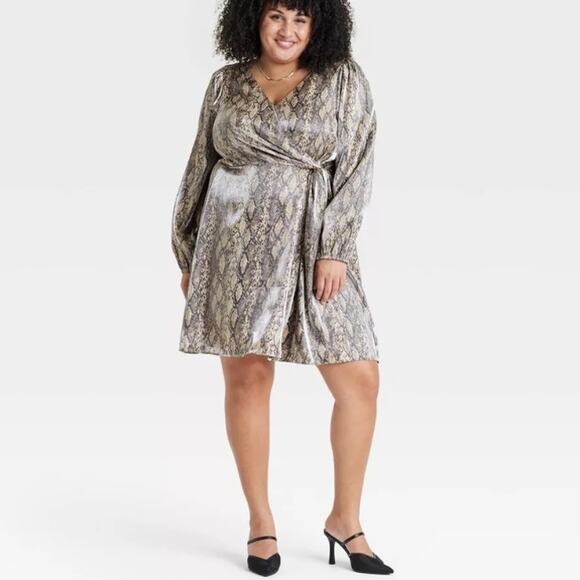 Ava & Viv Balloon Long Sleeve Satin Wrap Dress Snakeskin Tan Black Women's 1x - Picture 1 of 7